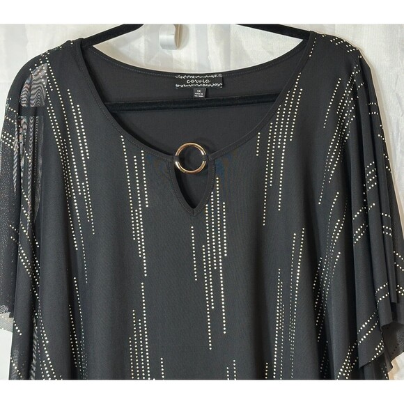Corvia Top Women’s 1X BLK Sleeveless Metallic Flowy Cape Keyhole Party Blouse - Picture 2 of 13